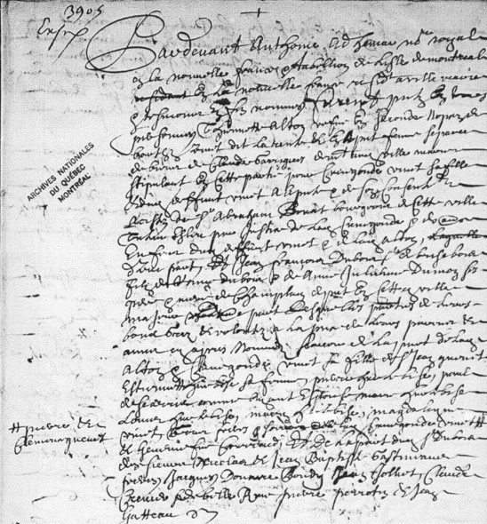 Extrait du contrat de mariage de jean-Fran¸ois Dubois dit Brisebois et Cunégonde Vinet dite Larente